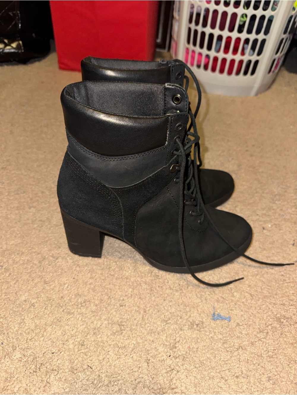 Timberland Black Lace-Up Heeled Ankle Booties